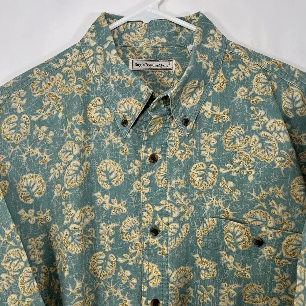 Vintage Bugle Boy Short Sleeve Button Down Shirt Mens XL Blue Beige Floral Ramie